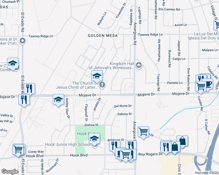 map of restaurants, bars, coffee shops, grocery stores, and more near 15352 Mesquite Avenue in Victorville