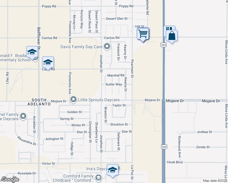 map of restaurants, bars, coffee shops, grocery stores, and more near 15383 Lassen Drive in Adelanto