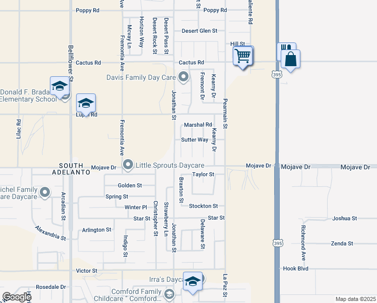 map of restaurants, bars, coffee shops, grocery stores, and more near 15354 Lassen Drive in Adelanto