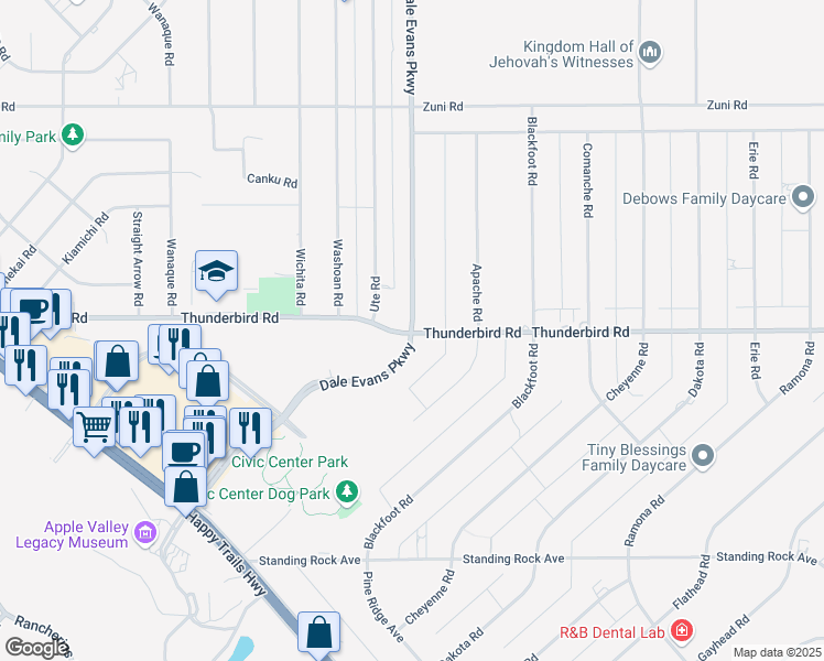 map of restaurants, bars, coffee shops, grocery stores, and more near Thunderbird Road in Apple Valley