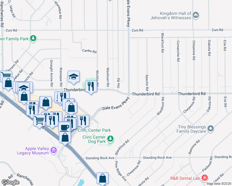 map of restaurants, bars, coffee shops, grocery stores, and more near 15340 Ute Road in Apple Valley