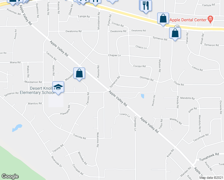 map of restaurants, bars, coffee shops, grocery stores, and more near 18518 Symeron Road in Apple Valley