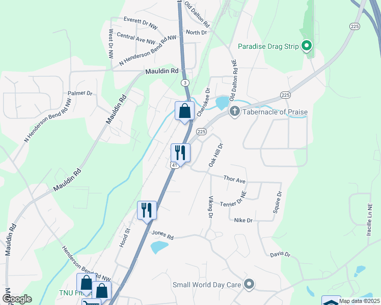 map of restaurants, bars, coffee shops, grocery stores, and more near 119 Nation Drive in Calhoun