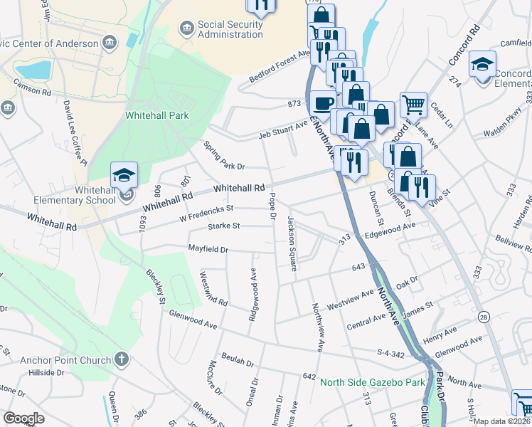map of restaurants, bars, coffee shops, grocery stores, and more near 402 West Fredericks Street in Anderson