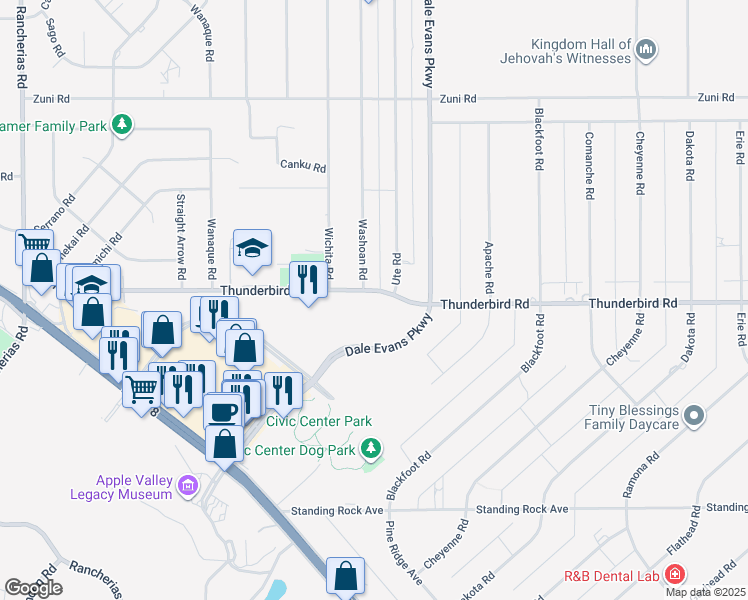 map of restaurants, bars, coffee shops, grocery stores, and more near 20791 Thunderbird Road in Apple Valley