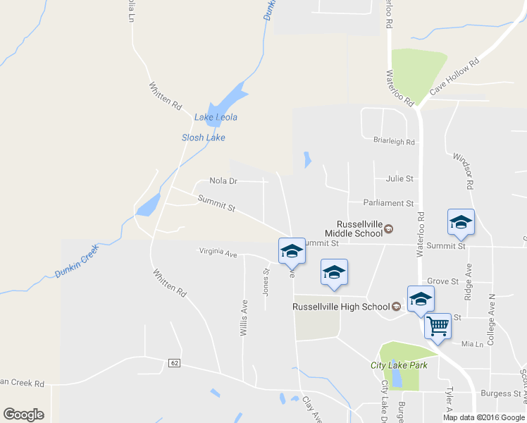 map of restaurants, bars, coffee shops, grocery stores, and more near 57 Gordon Avenue in Russellville