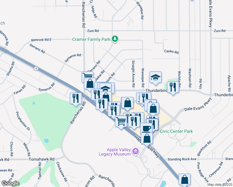 map of restaurants, bars, coffee shops, grocery stores, and more near 20289 Thunderbird Road in Apple Valley