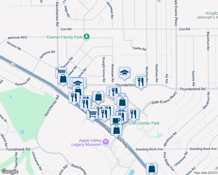 map of restaurants, bars, coffee shops, grocery stores, and more near 20445 Thunderbird Road in Apple Valley
