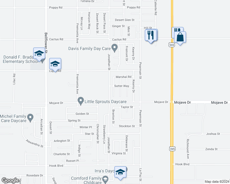 map of restaurants, bars, coffee shops, grocery stores, and more near 15351 Ross Drive in Adelanto
