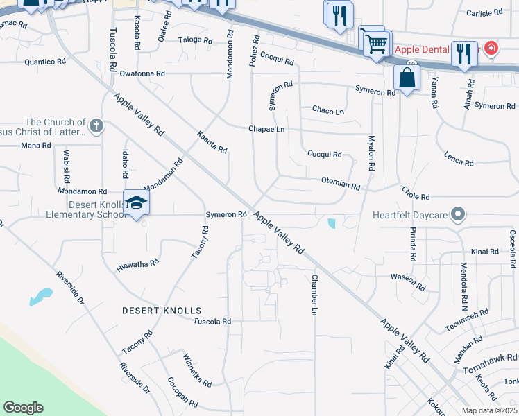 map of restaurants, bars, coffee shops, grocery stores, and more near 18511 Symeron Road in Apple Valley