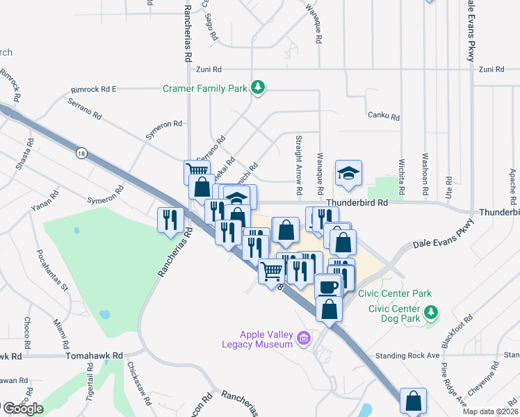 map of restaurants, bars, coffee shops, grocery stores, and more near 20250 Thunderbird Road in Apple Valley
