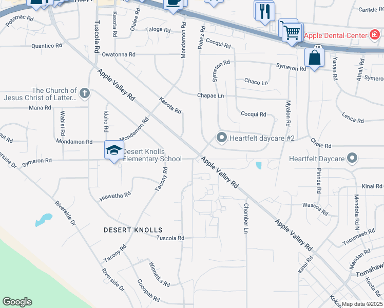 map of restaurants, bars, coffee shops, grocery stores, and more near 13455 Malaki Road in Apple Valley