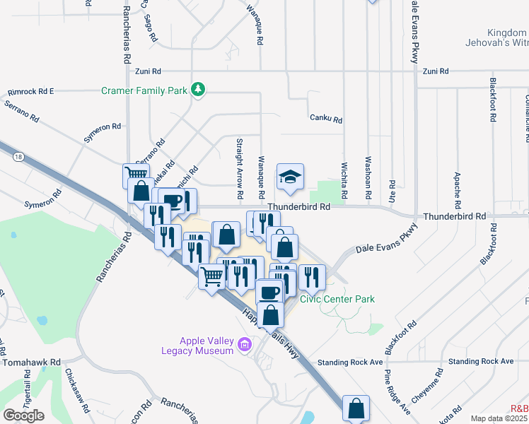 map of restaurants, bars, coffee shops, grocery stores, and more near 20475 Thunderbird Road in Apple Valley