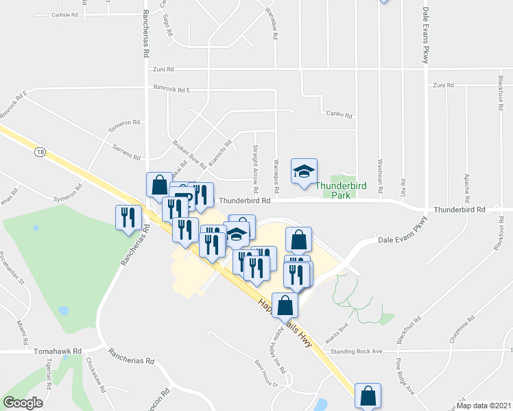 map of restaurants, bars, coffee shops, grocery stores, and more near 20411 Thunderbird Road in Apple Valley