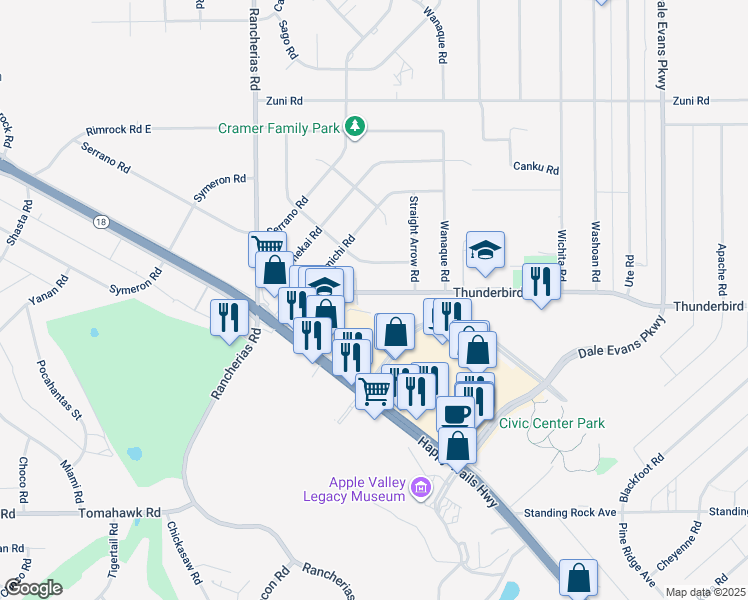map of restaurants, bars, coffee shops, grocery stores, and more near 20330 Thunderbird Road in Apple Valley