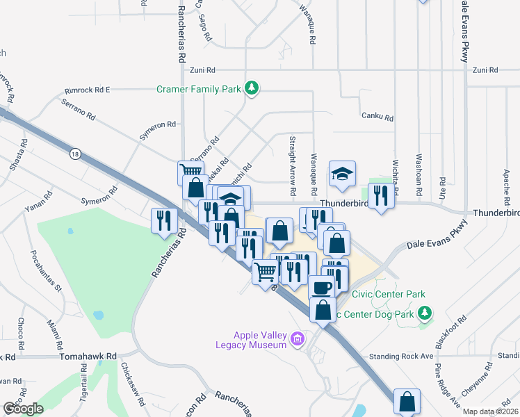 map of restaurants, bars, coffee shops, grocery stores, and more near 20330 Thunderbird Road in Apple Valley
