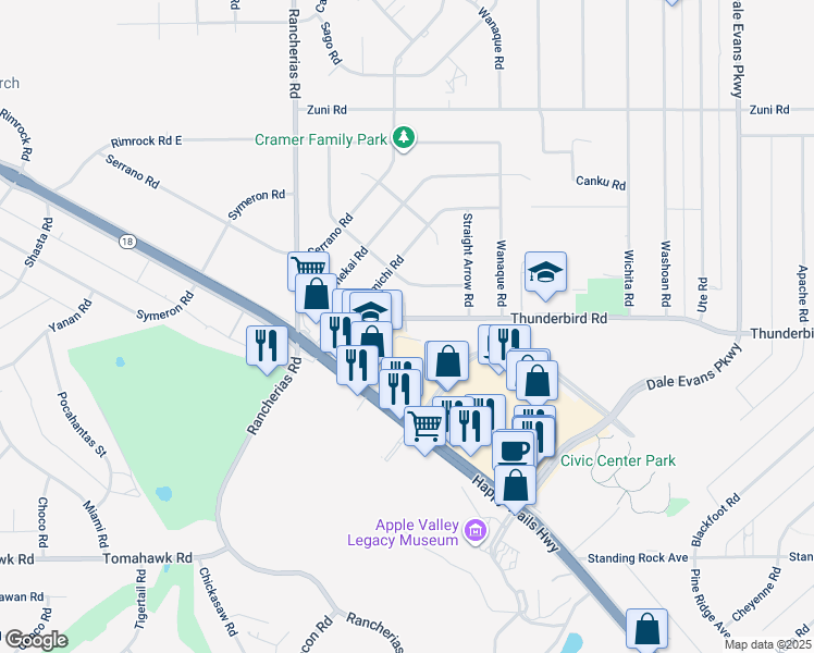 map of restaurants, bars, coffee shops, grocery stores, and more near 20250 Thunderbird Road in Apple Valley