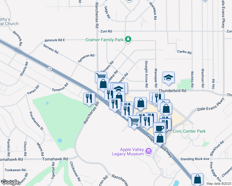 map of restaurants, bars, coffee shops, grocery stores, and more near 20200 Thunderbird Road in Apple Valley