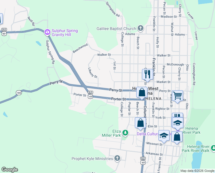 map of restaurants, bars, coffee shops, grocery stores, and more near 1116 Perry Street in Helena-West Helena