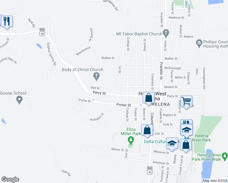 map of restaurants, bars, coffee shops, grocery stores, and more near 1116 Perry Street in Helena-West Helena