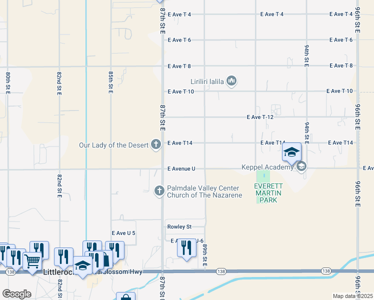 map of restaurants, bars, coffee shops, grocery stores, and more near 8806 East Avenue T14 in Littlerock