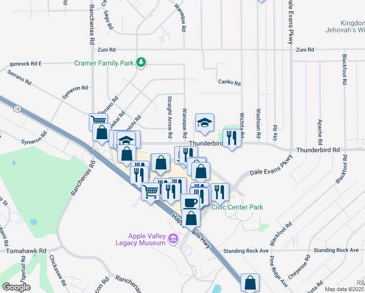map of restaurants, bars, coffee shops, grocery stores, and more near 20465 Thunderbird Road in Apple Valley