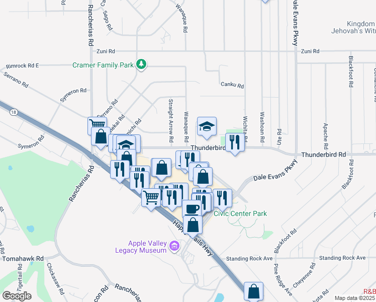 map of restaurants, bars, coffee shops, grocery stores, and more near 20475 Thunderbird Road in Apple Valley