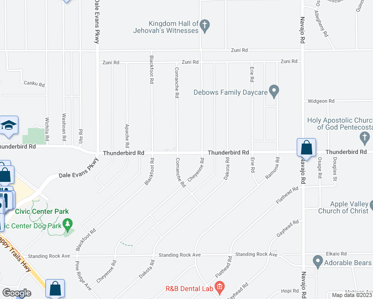 map of restaurants, bars, coffee shops, grocery stores, and more near 21248 Thunderbird Road in Apple Valley