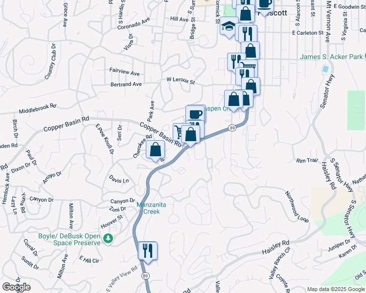 map of restaurants, bars, coffee shops, grocery stores, and more near 1111 South Hill Place in Prescott
