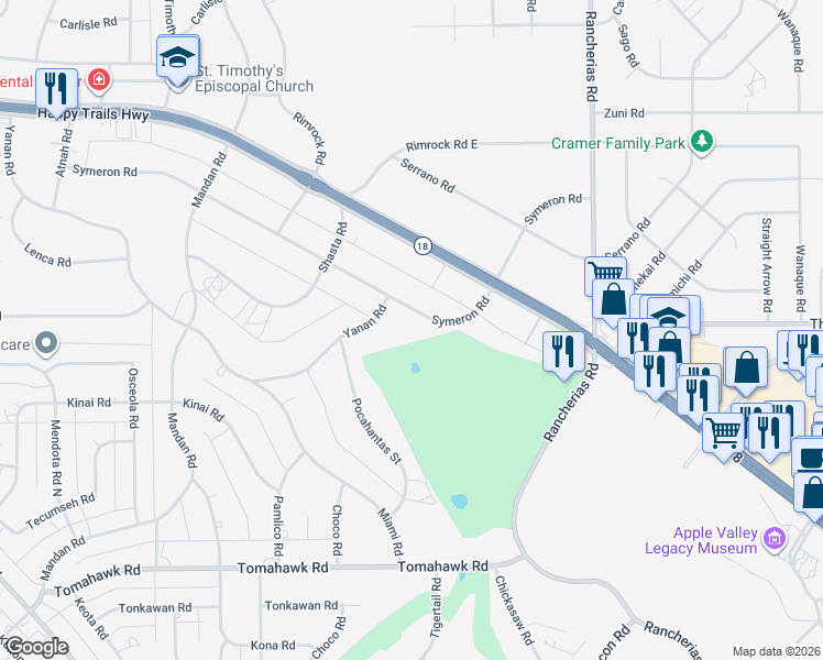 map of restaurants, bars, coffee shops, grocery stores, and more near 19791 Symeron Road in Apple Valley