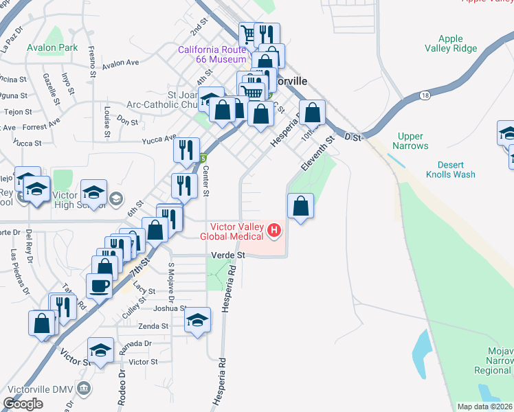 map of restaurants, bars, coffee shops, grocery stores, and more near 16946 Monte Vista Street in Victorville