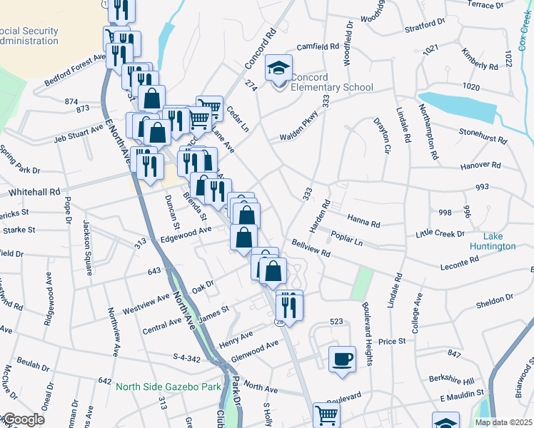 map of restaurants, bars, coffee shops, grocery stores, and more near 2502 Whitehall Avenue in Anderson