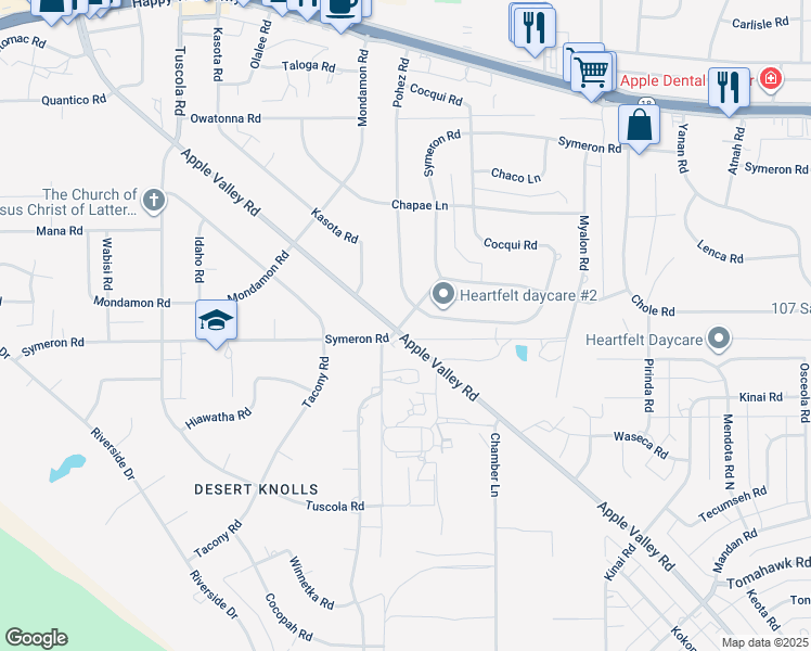 map of restaurants, bars, coffee shops, grocery stores, and more near 18518 Symeron Road in Apple Valley