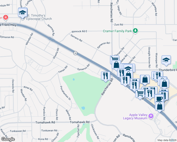 map of restaurants, bars, coffee shops, grocery stores, and more near 19879 Symeron Road in Apple Valley