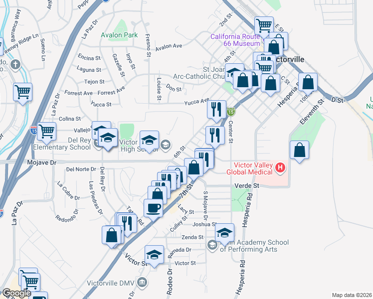 map of restaurants, bars, coffee shops, grocery stores, and more near 15347 6th Street in Victorville