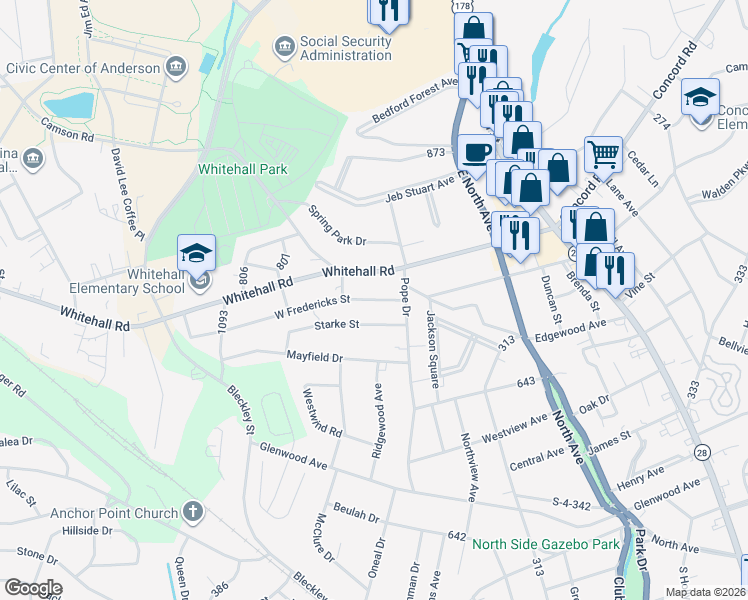 map of restaurants, bars, coffee shops, grocery stores, and more near 410 West Fredericks Street in Anderson