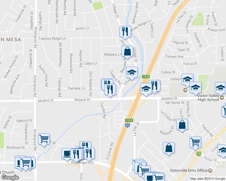 map of restaurants, bars, coffee shops, grocery stores, and more near 41 Morada Parkway in Victorville