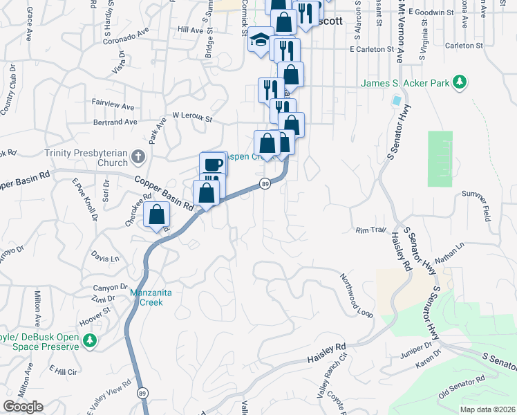 map of restaurants, bars, coffee shops, grocery stores, and more near 733 South Granite Street in Prescott