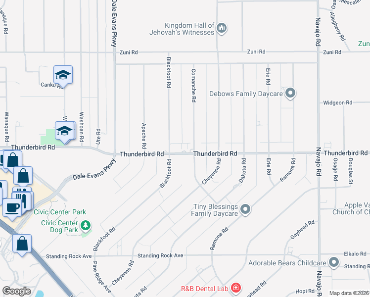 map of restaurants, bars, coffee shops, grocery stores, and more near 21150 Thunderbird Road in Apple Valley