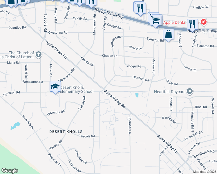 map of restaurants, bars, coffee shops, grocery stores, and more near 18518 Symeron Road in Apple Valley