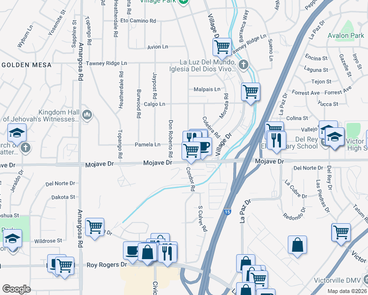 map of restaurants, bars, coffee shops, grocery stores, and more near 15715 Pamela Lane in Victorville