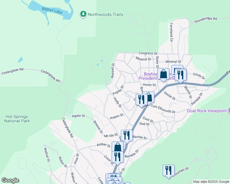 map of restaurants, bars, coffee shops, grocery stores, and more near 219 Poplar Street in Hot Springs