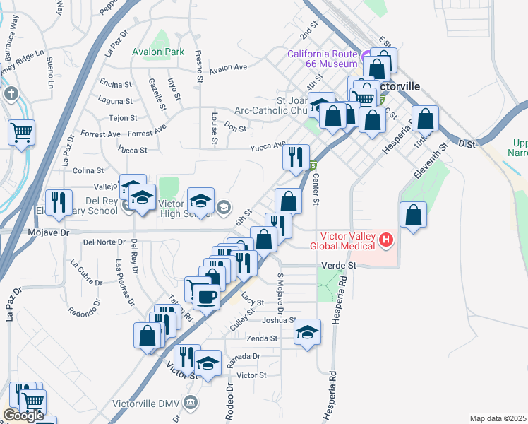 map of restaurants, bars, coffee shops, grocery stores, and more near 16623 Union Street in Victorville