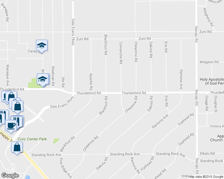 map of restaurants, bars, coffee shops, grocery stores, and more near 21150 Thunderbird Road in Apple Valley