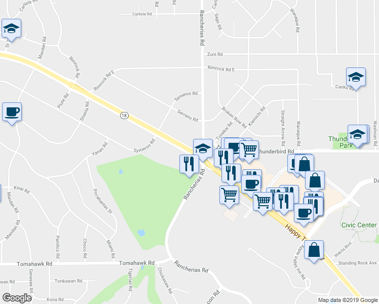 map of restaurants, bars, coffee shops, grocery stores, and more near 20045 Highway 18 in Apple Valley