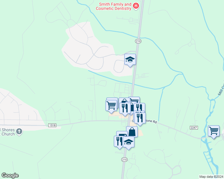 map of restaurants, bars, coffee shops, grocery stores, and more near 136 Beachside Village Ln in Sneads Ferry