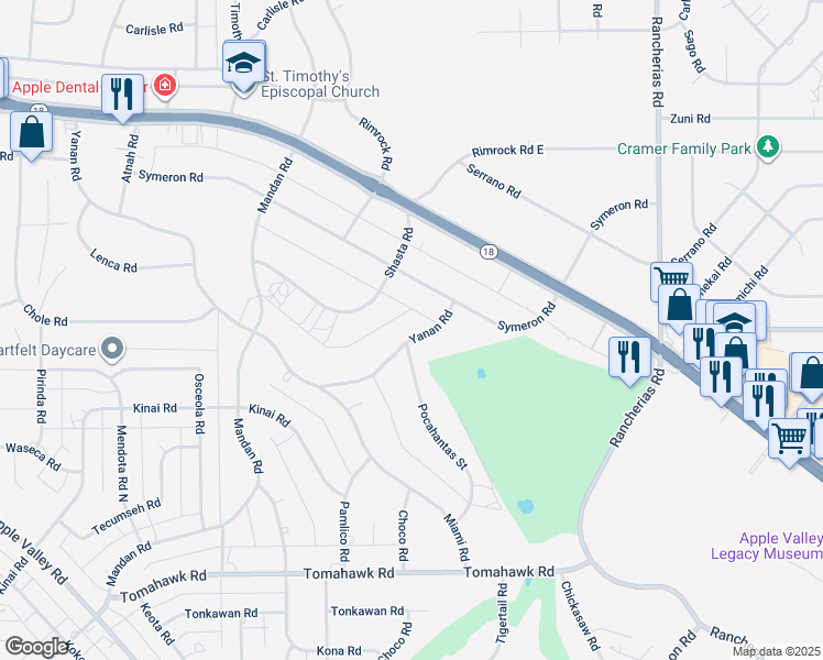 map of restaurants, bars, coffee shops, grocery stores, and more near 19640 Yanan Road in Apple Valley