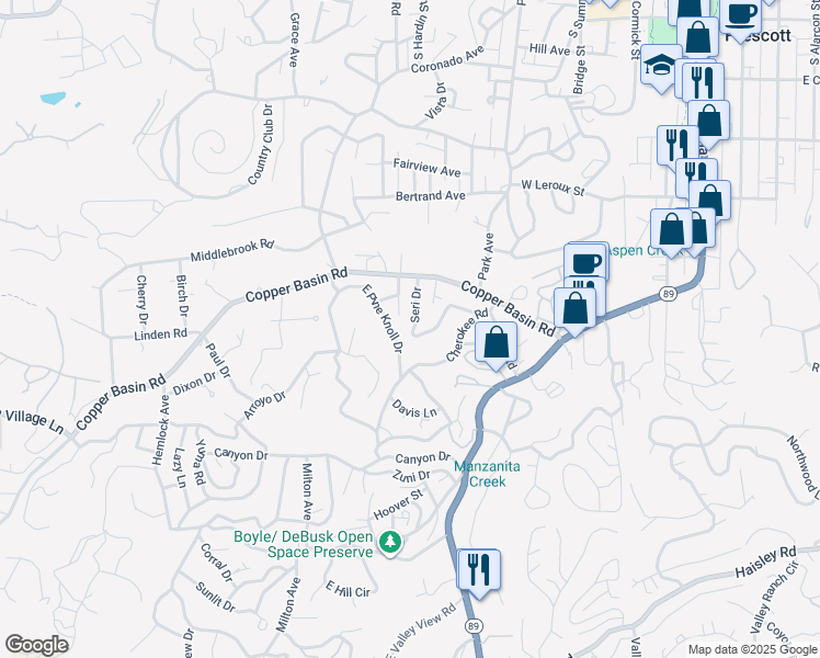 map of restaurants, bars, coffee shops, grocery stores, and more near 728 Seri Drive in Prescott