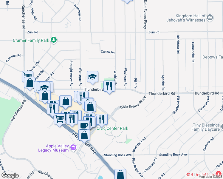 map of restaurants, bars, coffee shops, grocery stores, and more near 20675 Thunderbird Road in Apple Valley