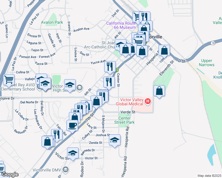 map of restaurants, bars, coffee shops, grocery stores, and more near 15321 Seventh Street in Victorville